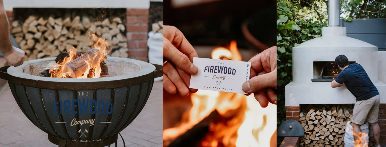 A fire pit, a Firewood Company business card held up to the flames, and a wood-fired pizza oven stacked with firewood