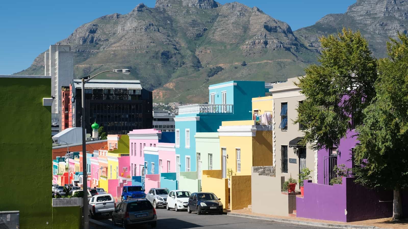 Bo-Kaap houses below Table Mountain in the City Bowl, Cape Town