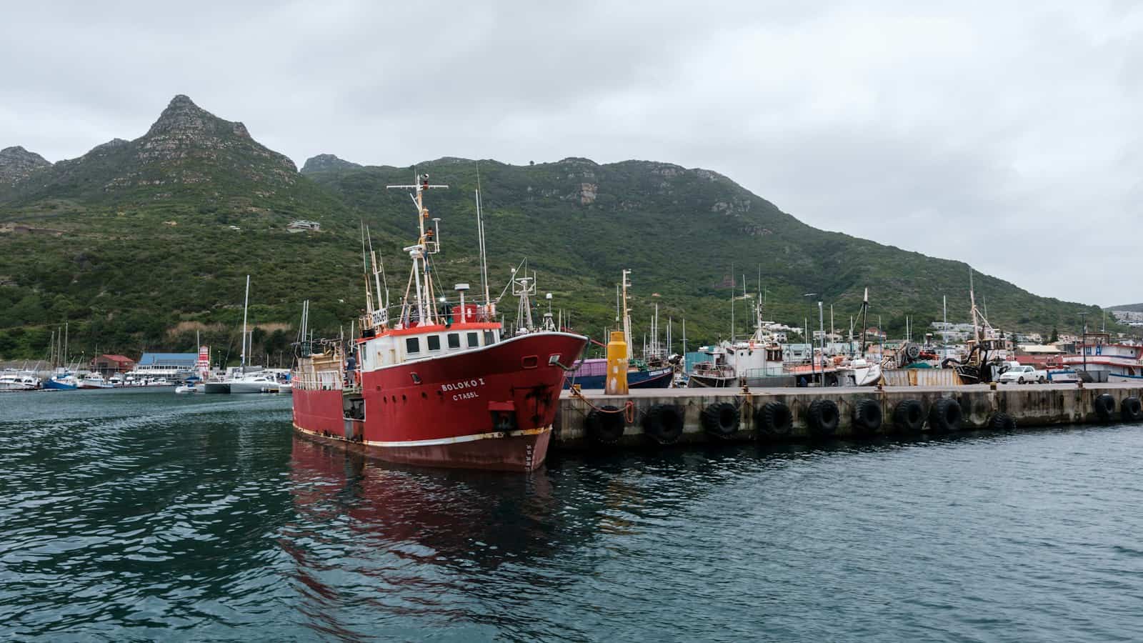 Fishing boat in Hout Bay harbour below the Sentinel